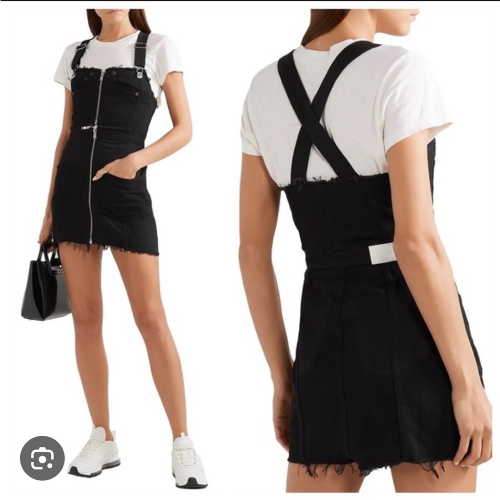 Re/Done Black Denim Overall Mini Dress with Frayed Hem